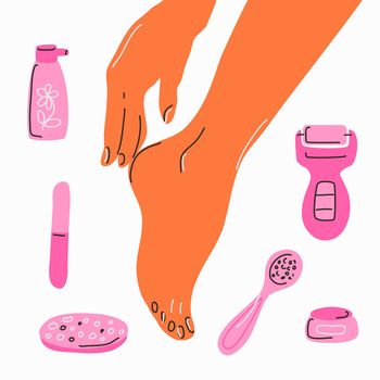 Foot care and foot care with pedicure tools. Isolated elements on a white background in a doodle style
