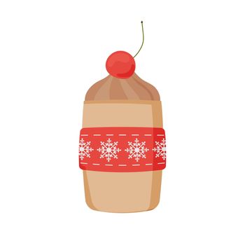 A mug of coffee with cream and cherries for the holiday of Christmas. A Christmas mug of hot chocolate or a winter cup of cappuccino and latte. Vector illustration, icon, flat style.