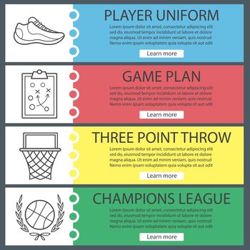 Basketball banner templates set. Ball in laurel wreath, hoop, player's shoe, game plan. Website menu items with linear icons. Color web banner. Vector headers design concepts