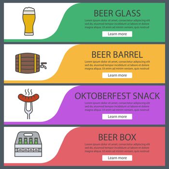 Beer banner templates set. Beer glass, barrel and box, sausage on fork. Website menu items. Color web banner. Vector headers design concepts