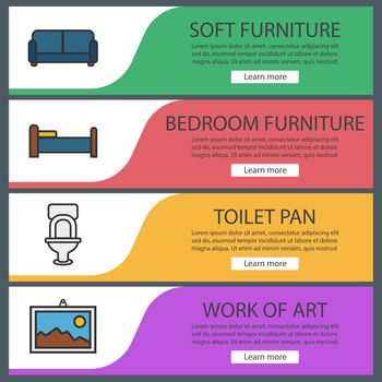 Furniture banner templates set. Sofa, toilet, bed, wall picture. Website menu items. Color web banner. Vector headers design concepts