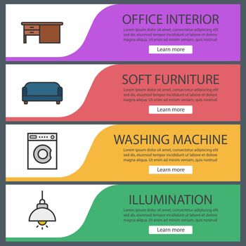 Furniture banner templates set. Table, sofa, washing machine, ceiling lamp. Website menu items. Color web banner. Vector headers design concepts