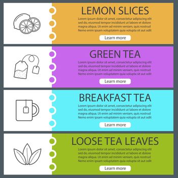 Tea banner templates set. Lemon slices, tea mug and bag, mint leaves. Website menu items with linear icons. Color web banner. Vector headers design concepts