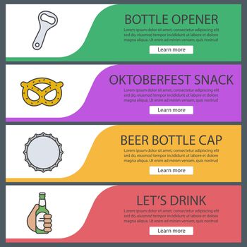 Beer banner templates set. Beer bottle opener and cap, brezel, hand holding beer bottle. Website menu items. Color web banner. Vector headers design concepts