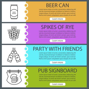 Beer banner templates set. Beer can and bottles, spikes of rye, pub signboard. Website menu items with linear icons. Color web banner. Vector headers design concepts