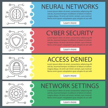 Digital banner templates set. Cyber security. Neural networks, protection, shield, lock, settings. Website menu items with linear icons. Color web banner. Vector headers design concepts