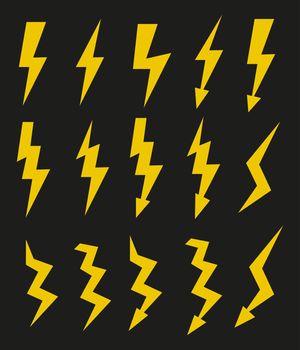 Set of icons representing yellow lightning bolt, lightning strike or thunderstorm on black background. Suitable for voltage, electricity and power signs. Vector Illustration EPS