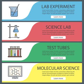 Science laboratory banner templates set. Easy to edit. Beaker with rod, molecular science, ring stand with flask, test tubes. Website menu items. Color web banner. Vector headers design concepts