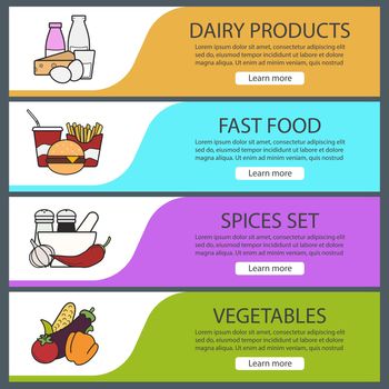 Products categories banner templates set. Easy to edit. Fastfood, spices, vegetables, dairy products. Website menu items. Color web banner. Vector headers design concepts