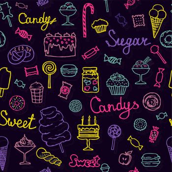 Seamless pattern of candys, cakes, sweets and desserts. Hand drawn vector illustrations