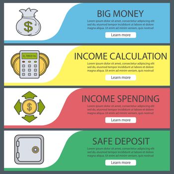 Banking and finance banner templates set. Easy to edit. Money bag, income calculation and spending, safe deposit box. Website menu items. Color web banner. Vector headers design concepts