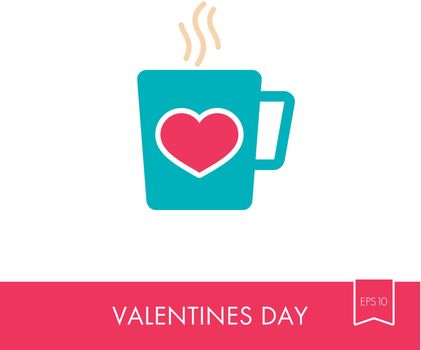Tea cup with heart and steam thin line icon. Valentines day symbol. Vector illustration, romance elements. Sticker, patch, badge, card for marriage, wedding