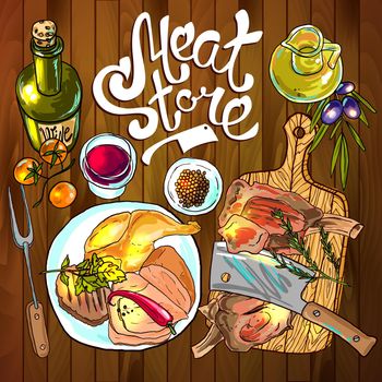 Beautiful hand drawn sketch illustration different kinds of meat and meat products on the wood texture top view