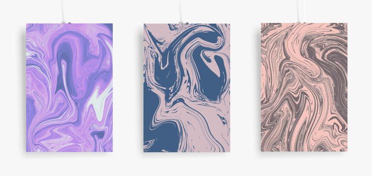 Three paintings with marbling. Vector colorful fluid. Marble texture for poster, brochure, invitation, cover