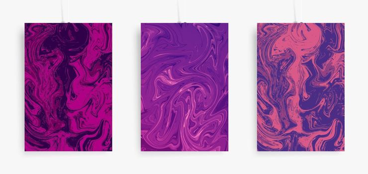 Three paintings with marbling. Vector colorful fluid. Marble texture for poster, brochure, invitation, cover