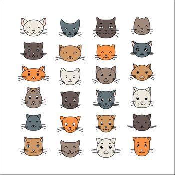 Cute cartoon cat doodle set, funny vector icons. Hand-drawn cat faces. Vector illustration.