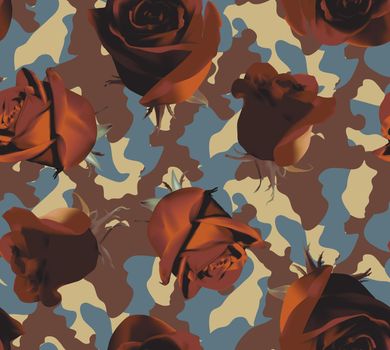 Fashionable camouflage brown and blue pattern with brown roses with brown leaves