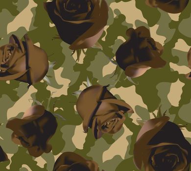 Fashionable camouflage pattern with roses with green leaves