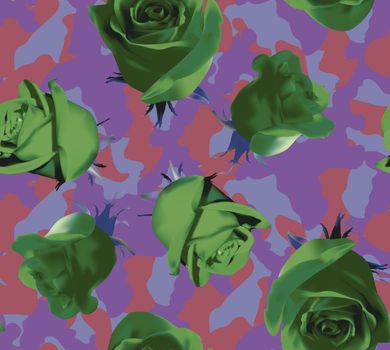 Fashionable camouflage violet and pink pattern with green roses with green leaves