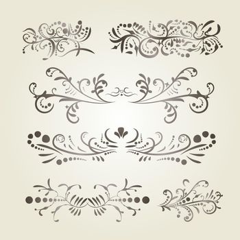 Victorian set of brown gradient ornate page decor elements banners, frames, dividers, ornaments and patterns on light background. Collection design elements. Brown gradient calligraphic swirl elements