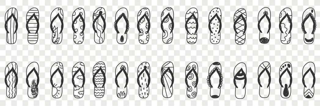 Slippers personal footwear doodle set. Collection of hand drawn various slippers footwear accessories for beach or home in rows isolated on transparent background