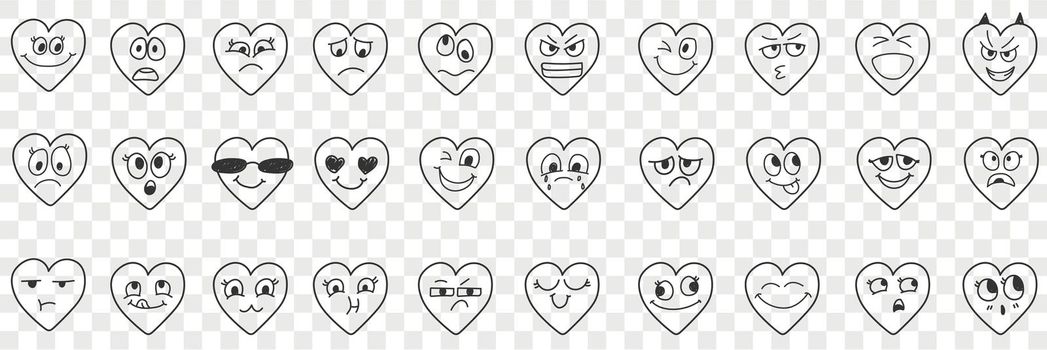 Heart facial expressions doodle set. Collection of hand drawn various happy and sad expressions on hearts face in rows isolated on transparent background