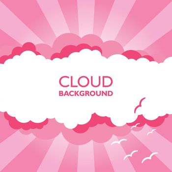 Clouds in the sky with sun rays. Flat vector illustration in cartoon style. Pink colorful background.