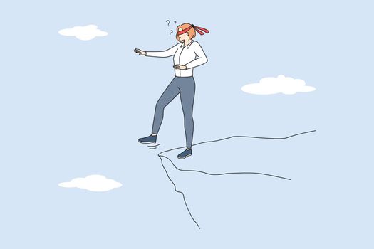 Business danger and confidence concept. Young stressed woman standing forward to abyss having eyes closed vector illustration