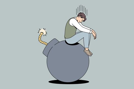 Business danger and crisis concept. Young stressed unhappy businessman sitting on bomb feeling unsafe and despair vector illustration