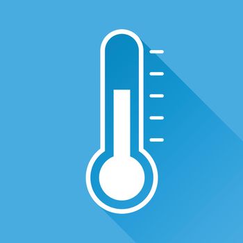 Thermometer icon. Goal flat vector illustration isolated on blue background with long shadow.