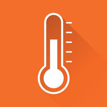 Thermometer icon. Goal flat vector illustration isolated on orange background with long shadow.