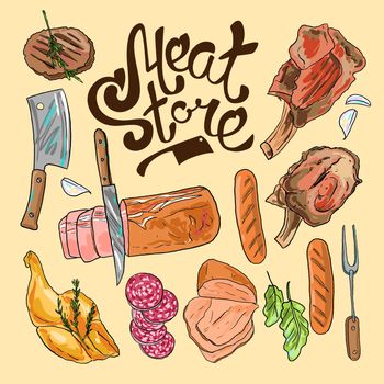 Set of beautiful hand drawn sketch illustration different kinds of meat and meat products on the wood texture top view