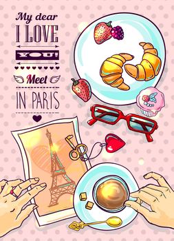 Beautiful hand drawn vector postcard breakfast in Paris