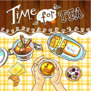 Beautiful hand drawn illustration tea and sweets food top view