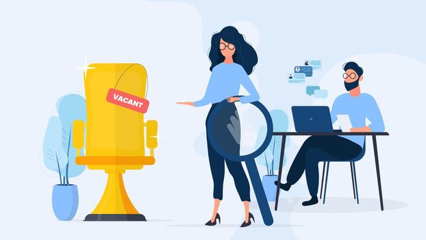 HR banner. Stylish girl with glasses. The girl holds a magnifier in her hands and shows a vacant place. A guy is looking at a resume for a laptop. The concept of finding people for work. Vector illustration