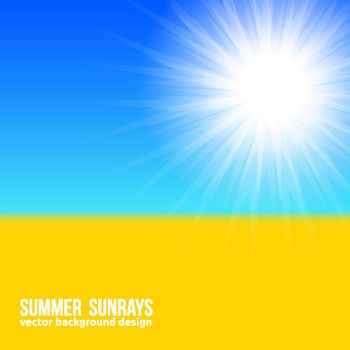 Blurred yellow field and blue sky with summer sunburst background in Ukrainians flag style. Vector sunbeams banner Bright poster, sun rays, sky and beach.