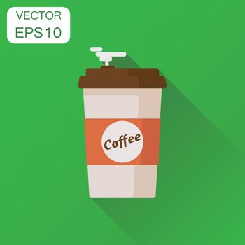 Coffee cup icon. Business concept coffee pictogram. Vector illustration on green background with long shadow.