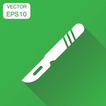 Medical scalpel icon. Business concept hospital surgery knife pictogram. Vector illustration on green background with long shadow.