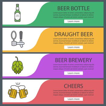 Beer banner templates set. Hop cone, beer tap, bottle and toasting glasses. Website menu items. Color web banner. Vector headers design concepts