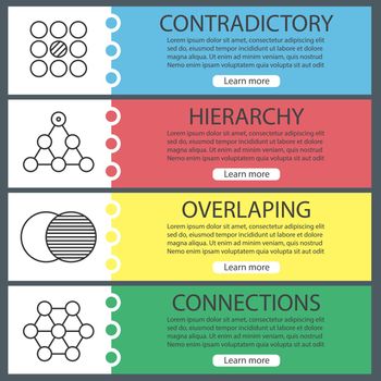 Abstract symbols banner templates set. Contradictory, hierarchy, overlaping, connections. Website menu items with linear icons. Color web banner. Vector headers design concepts