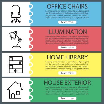 House interior banner templates set. Furniture. Office chair, desk lamp, bookcase, home. Website menu items with linear icons. Color web banner. Vector headers design concepts