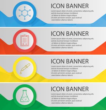 Science laboratory banner templates set. Pipette with drop, boiling beaker, molecule and lab clipboard website menu items with linear icons. Color polygonal web banner concepts. Vector backgrounds