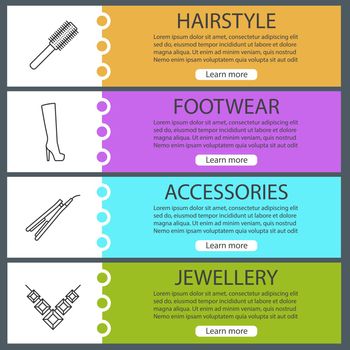 Women's accessories banner templates set. Hair brush and straightener, shoe, necklace. Website menu items with linear icons. Color web banner. Vector headers design concepts