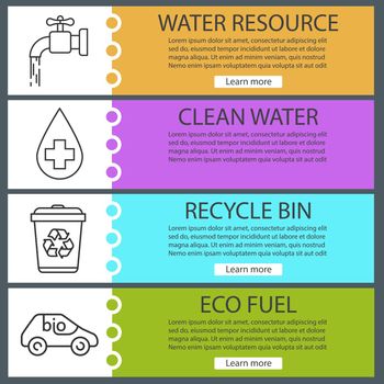 Ecology banner templates set. Bio car, recycle bin, faucet, drinking water. Website menu items with linear icons. Color web banner. Vector headers design concepts