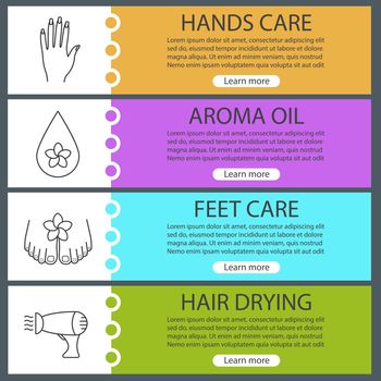 Spa salon web banner templates set. Aromatherapy oil drop, hair dryer, woman's hand and feet. Website color menu items with linear icons. Vector headers design concepts