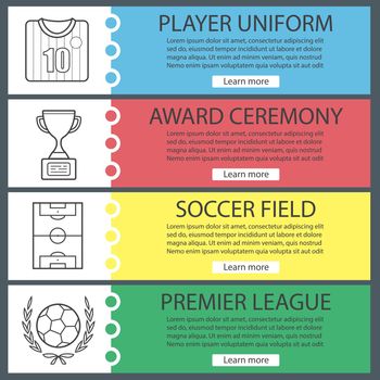 Soccer web banner templates set. Football player's uniform, ball in laurel wreath, field, winner's trophy. Website color menu items with linear icons. Vector headers design concepts