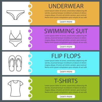 Woman's clothes web banner templates set. Panties, swimsuit, flip flops, t-shirt. Website color menu items with linear icons. Vector headers design concepts