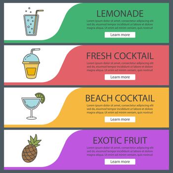 Refreshing drinks banner templates set. Lemonade, cocktails, pineapple. Bar and restaurant website menu items. Color web banner. Vector headers design concepts