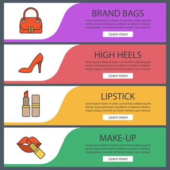 Women's accessories banner templates set. Handbag, lipstick, high heel shoe. Website menu items. Color web banner. Vector headers design concepts
