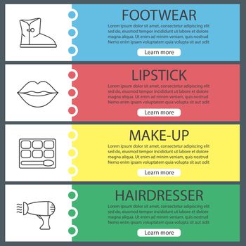 Women's accessories banner templates set. Warm boot, lipstick, eye shadow, hairdryer. Website menu items with linear icons. Color web banner. Vector headers design concepts